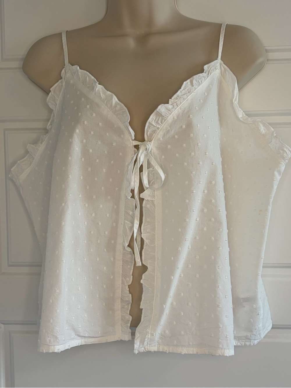 White Swiss Dot Ruffle Tie Front Camisole Top Sleeveless Cottagecore Boho Sz XL